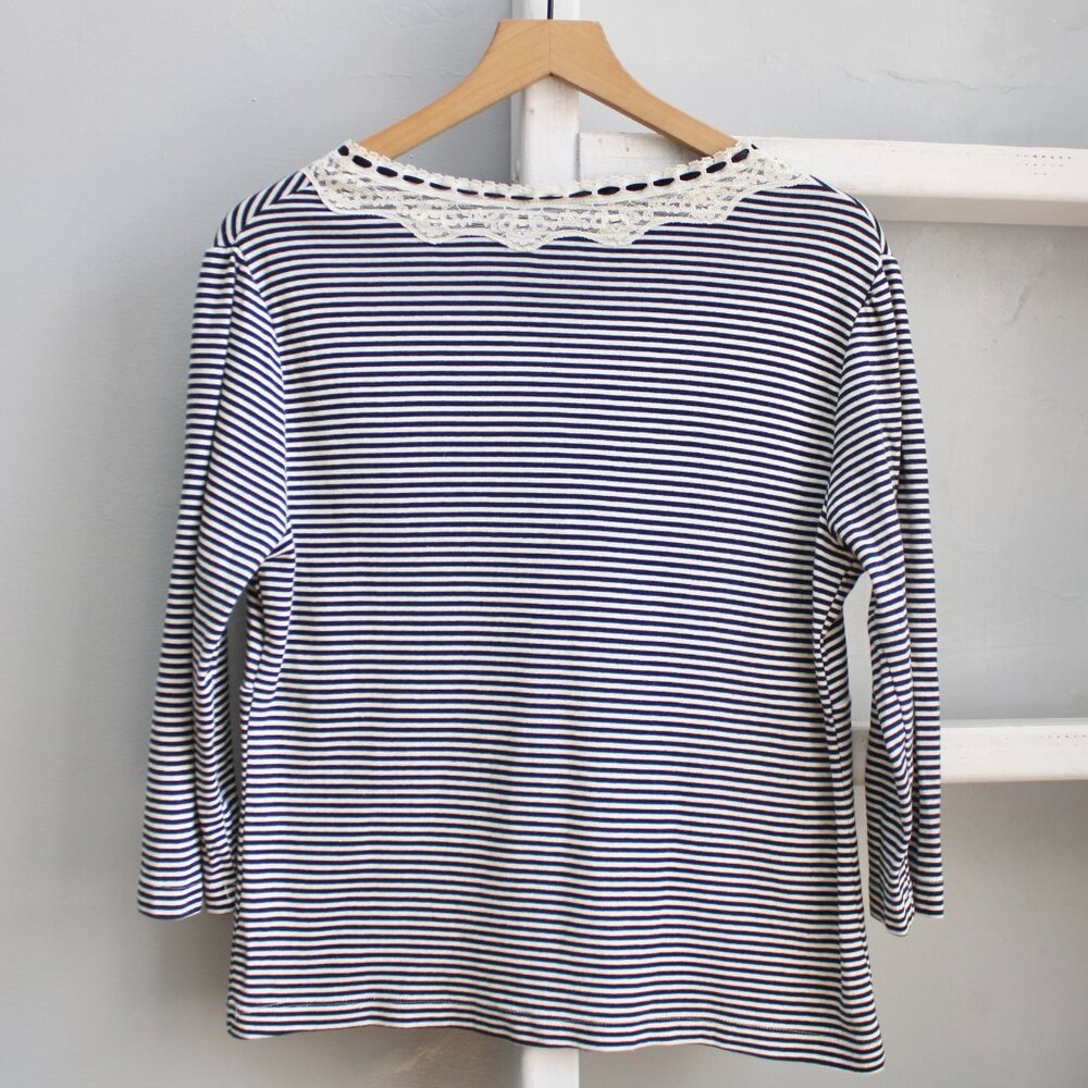 White Stag VTG Preppy Goth Black White Striped Lace Bow 3/4 Sleeve Top​​ Size XL - Picture 2 of 4